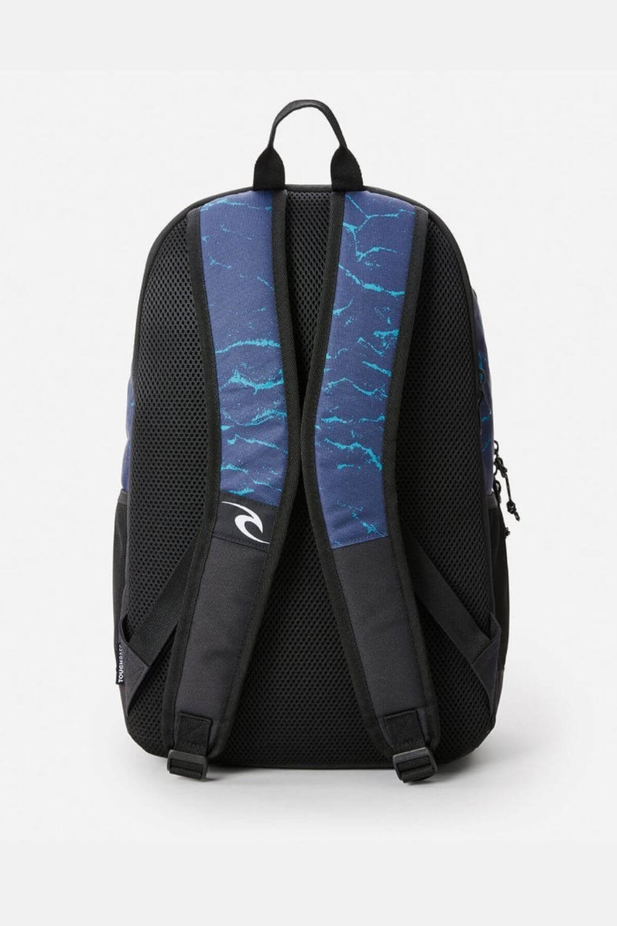 The Rip Curl Ozone 30L Faded Slant Backpack is shown from the back with two padded shoulder straps featuring blue and white wave patterns, a small white logo, and organiser pockets against a plain white background.