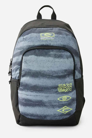 The Rip Curl Ozone 30L School Backpack is an eco-friendly and stylish option, crafted from recycled polyester in black and gray with wave-like patterns and neon green accents. It includes three abstract symbols on the front pocket, a top handle, and adjustable shoulder straps.