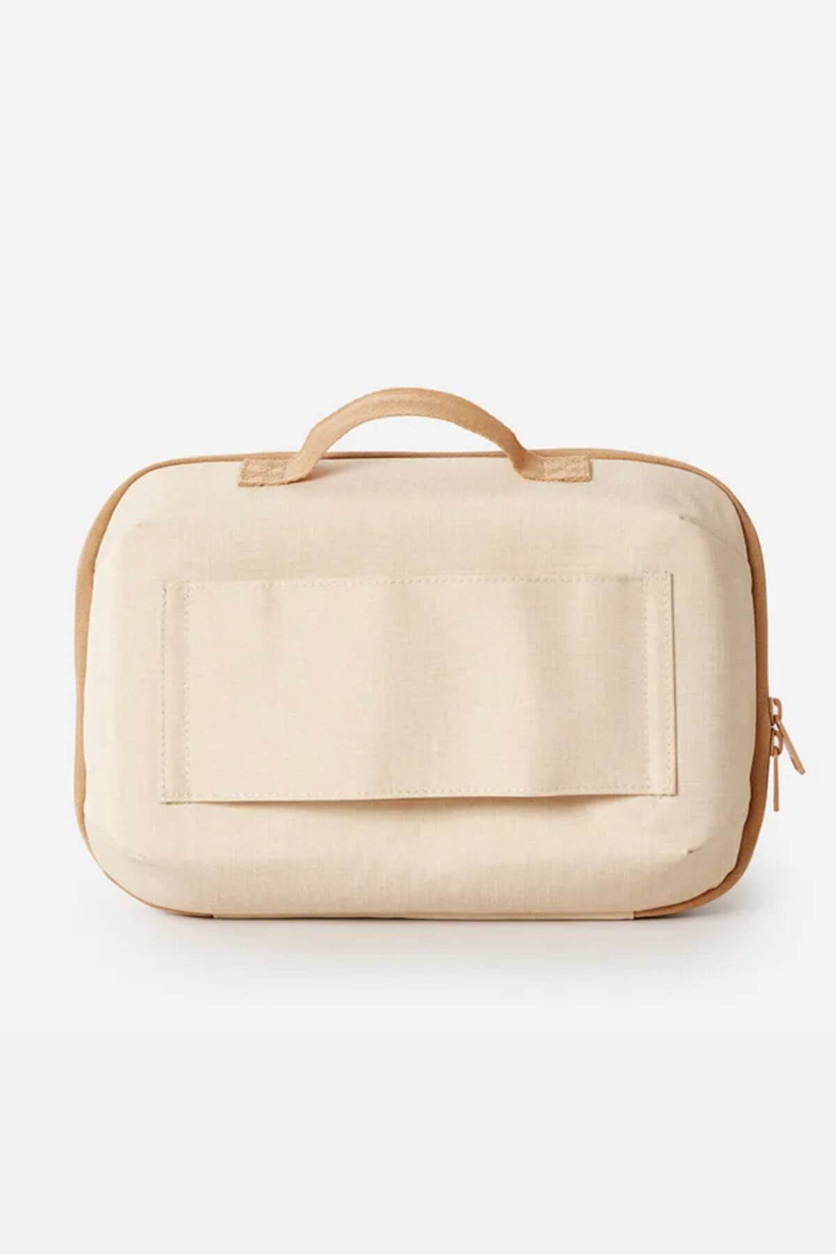 The Rip Curl Ultimate Beauty Case is a beige rectangular bag crafted from recycled polyester, featuring a top handle, front flap pocket, right-side zipper, and internal mesh organiser, shown against a plain white background.