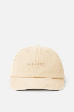 The Rip Curl Premium Surf Cap in beige features "Rip Curl" embroidery on the front, making it ideal for outdoor adventures. Displayed against a plain white background.