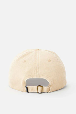 The Rip Curl Premium Surf Cap in beige is shown from the back, displaying an adjustable strap with a metal buckle and a small black tag—perfect for outdoor adventures, set against a plain light background.
