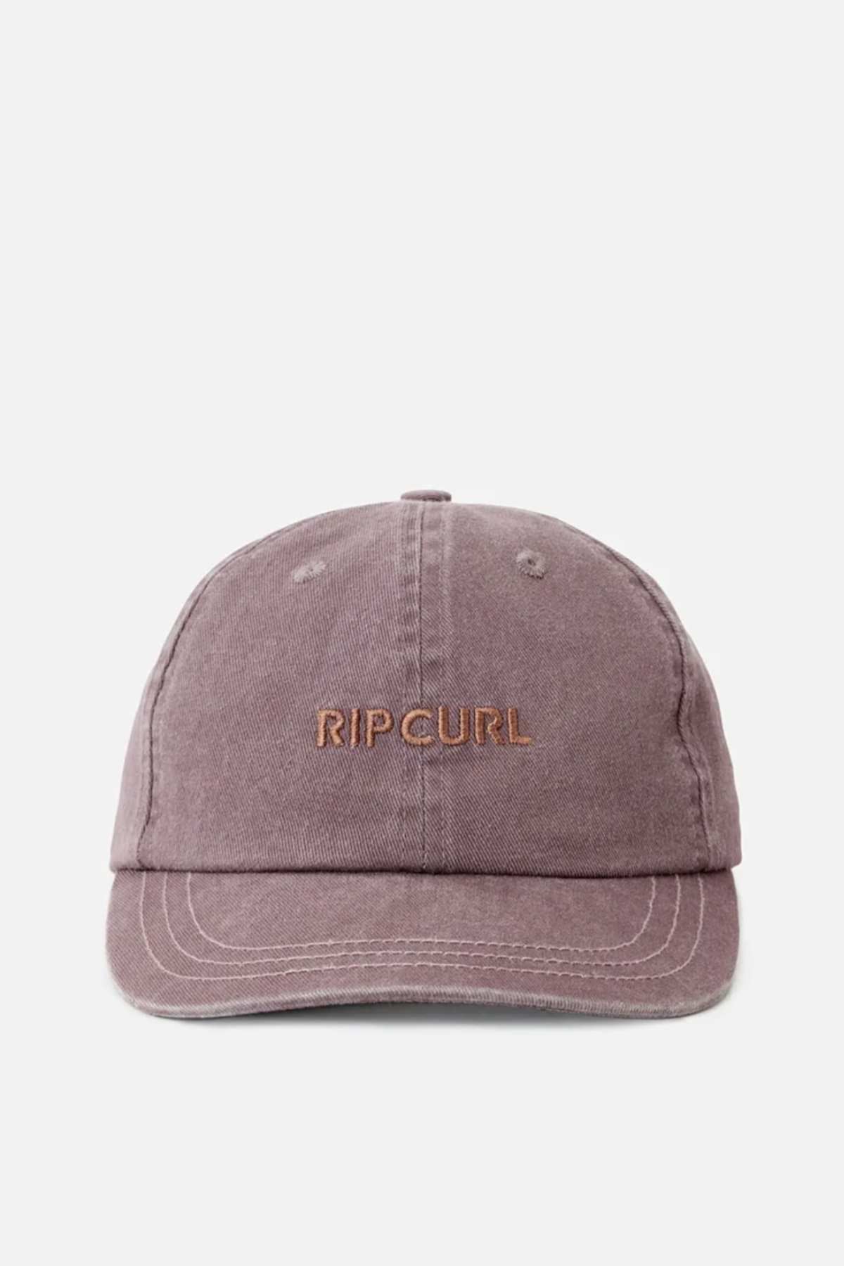 A Rip Curl Premium Surf Cap in brown, featuring the "RIP CURL" logo embroidered in matching brown on the front. Made from 100% cotton twill, it comes with a slightly curved brim and visible stitching details, making it ideal for any outdoor adventure. Displayed against a plain white background.