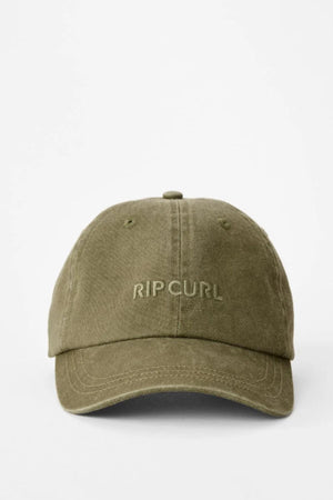 The Rip Curl Premium Surf Cap in olive green features subtle "RIP CURL" front embroidery, cotton construction, and an adjustable fit—perfect for surf sessions or daily wear. Shown here on a clean white background.
