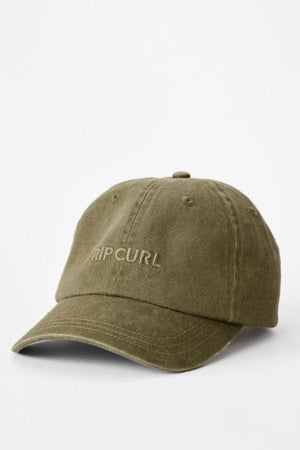 The Rip Curl Premium Surf Cap in olive green features a curved brim and "RIP CURL" embroidered on the front in matching thread. This adjustable outdoor cap is shown against a plain white background.