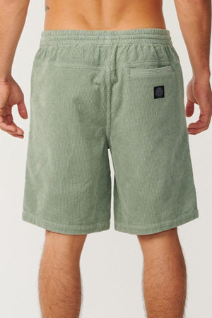 A person is shown from behind wearing the Rip Curl Premium Surf Cord 19" Volley shorts in light green, featuring corduroy fabric, a back pocket, and a small black patch label. The background is plain white.
