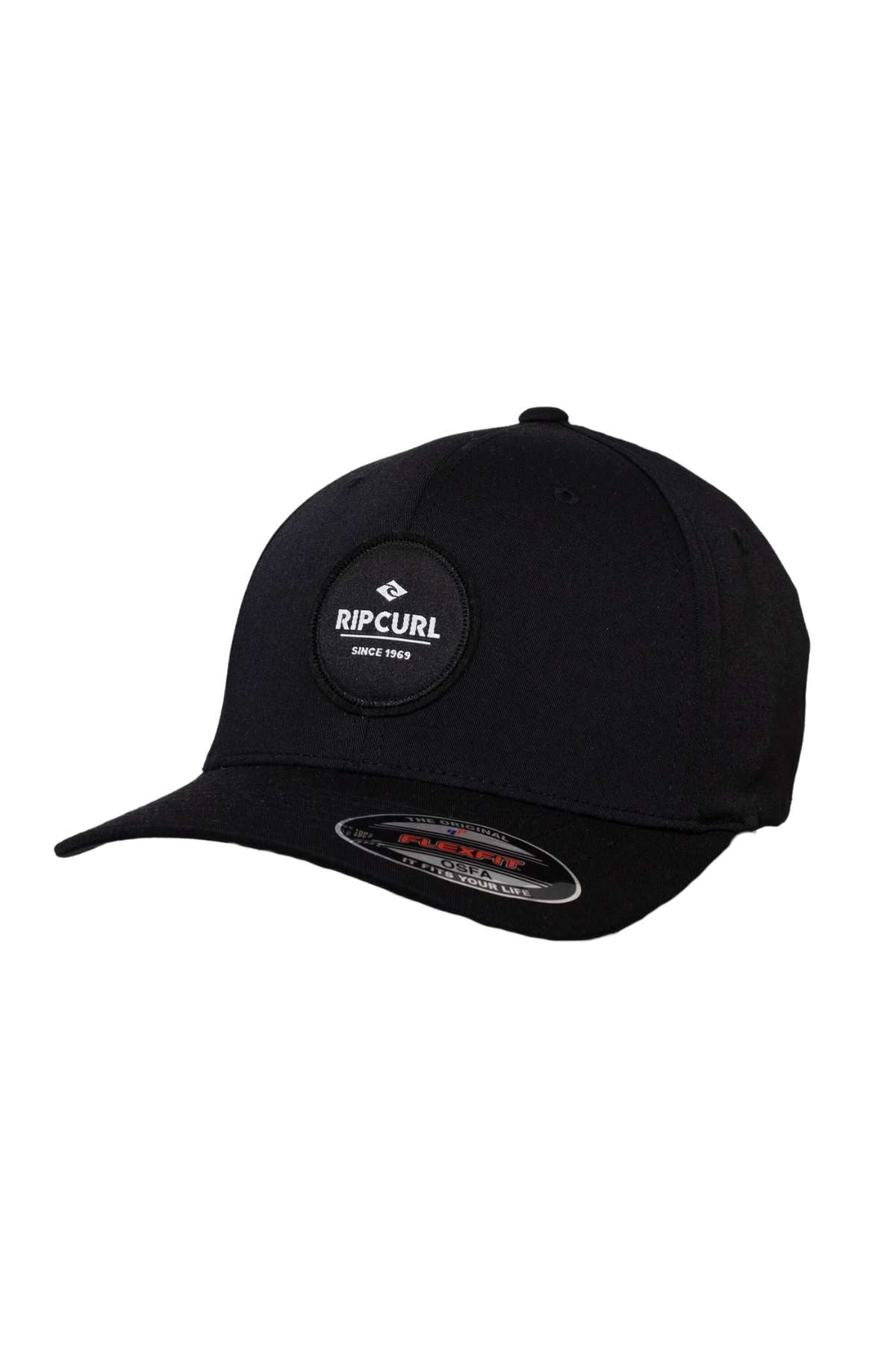 The Rip Curl Routine Flexfit Cap, in black, features a mid-profile design with a round "Rip Curl Since 1969" logo on the front and a curved brim with a product details sticker.