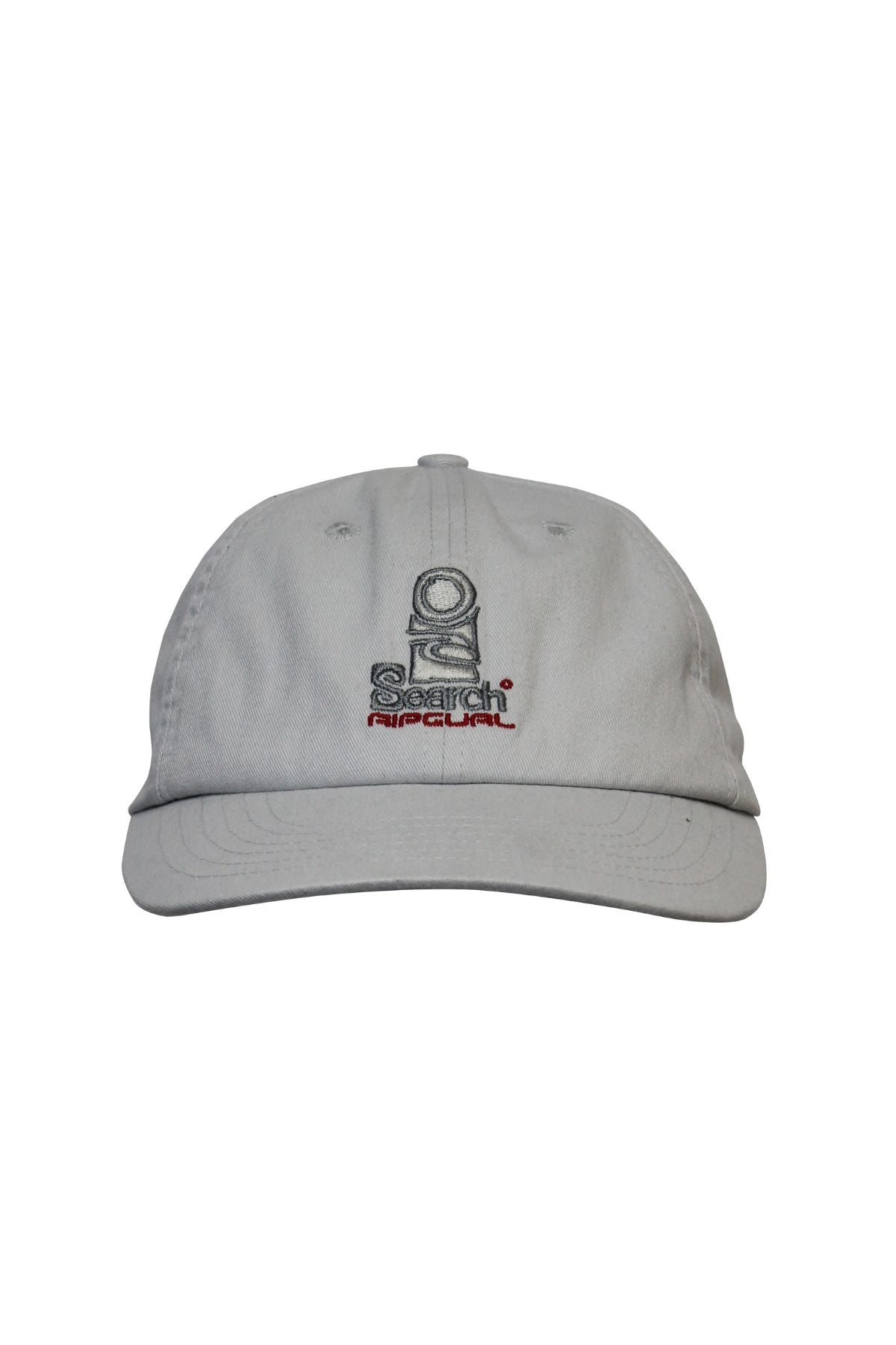 The Rip Curl Searchers SB Cap is a light gray cotton twill hat with a curved brim, featuring an embroidered abstract design and "Search Apparel" in black and red on the front, displayed against a white background.
