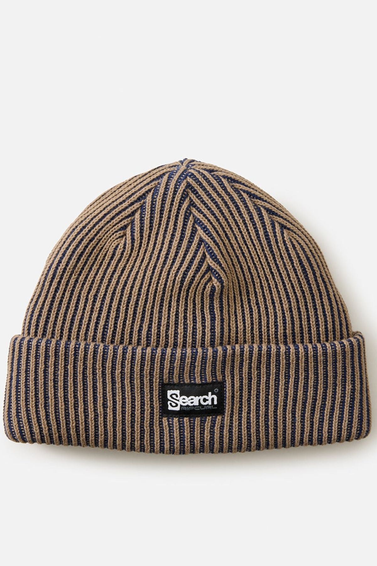 The Rip Curl Search Chunky Reg Beanie is a brown and navy ribbed knit winter hat with a folded brim, featuring a black and white rectangular "Search" logo patch on the front.