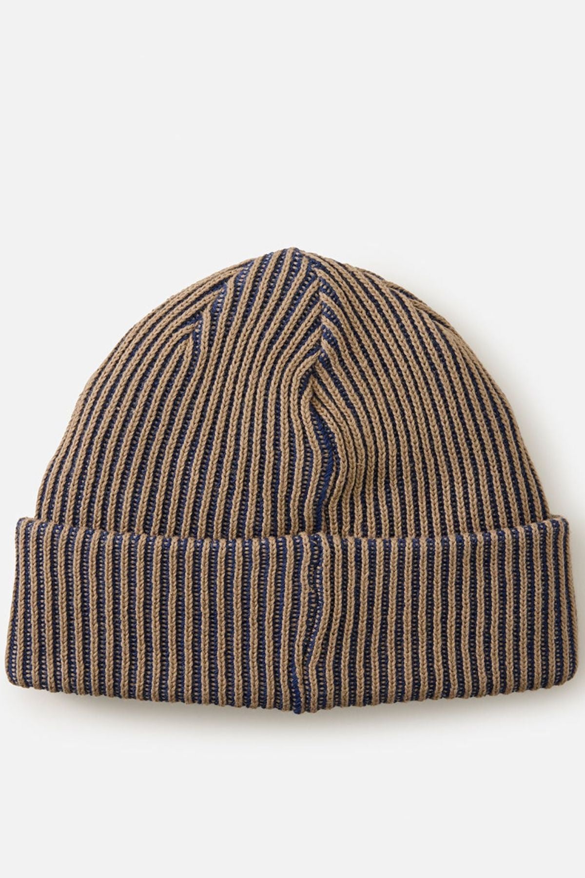 The Rip Curl Search Chunky Reg Beanie, featuring brown and navy blue stripes and a folded brim, is shown flat on a white background—a must-have winter accessory for warmth and style.