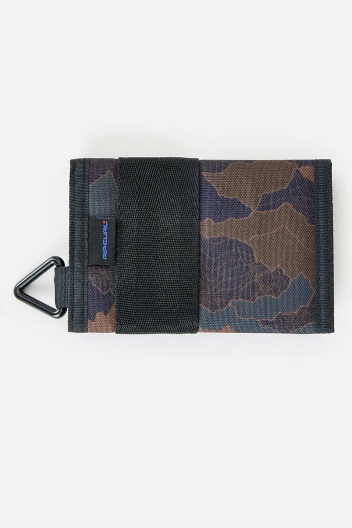 The Rip Curl Search Surf Wallet features a camouflage pattern, black strap, small blue tag, and black metal carabiner clip—an ideal beach accessory—shown on a white background.