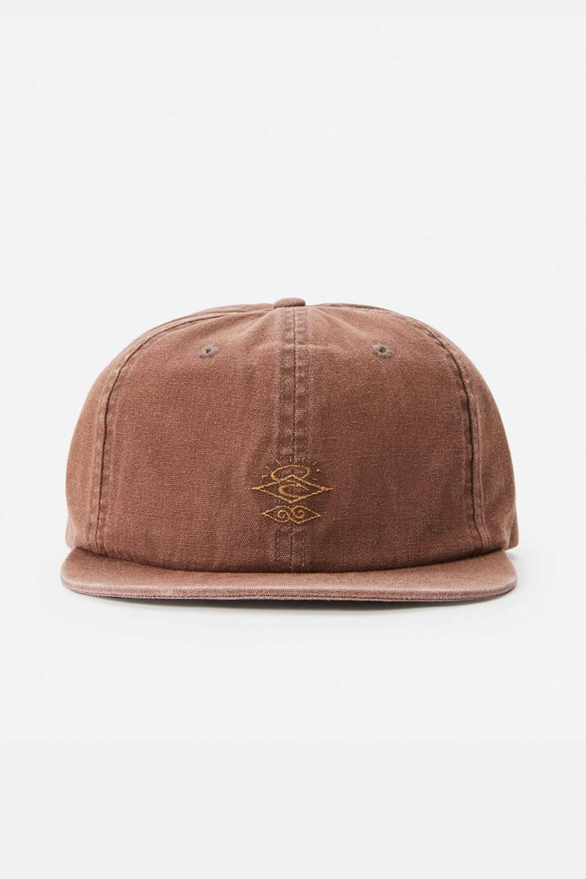 The Rip Curl Searchers Canvas Cap is a brown adjustable cap with a simple gold embroidered logo on the front, set against a plain white background, making it a versatile accessory.