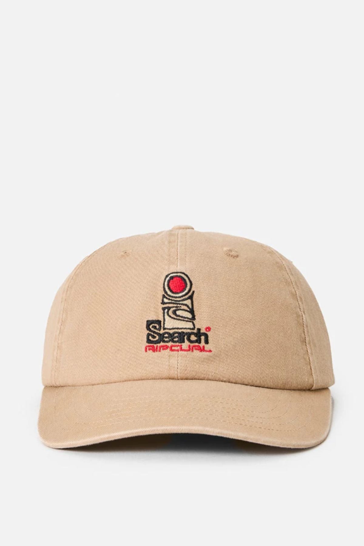 The Rip Curl Searchers SB Cap is a beige cotton twill hat with an unstructured fit, featuring an embroidered red circle, black lines, and "Search Rip Curl" text in black and red on the front. Displayed against a plain white background.