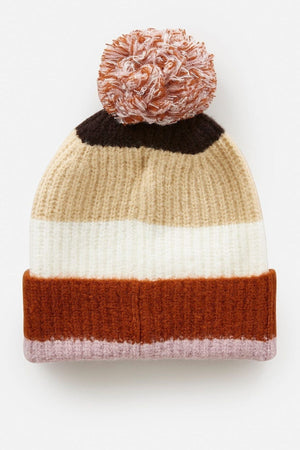 The Rip Curl Sessions Regular Pom Pom Beanie features knit construction with horizontal stripes in beige, cream, orange, and pink, topped by a multicolored pom-pom—perfect for finishing your winter look.
