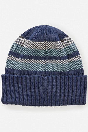 The Rip Curl Surf Revival Stripe Regular Beanie features a wide ribbed cuff in solid navy and jacquard stripes in blue, white, and teal.