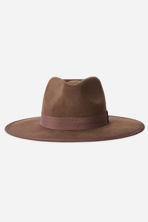 The Rip Curl Valley Wide Brim Wool Felt Hat features a wide brim and a darker brown band around the base for style and sun protection, set against a plain light background.