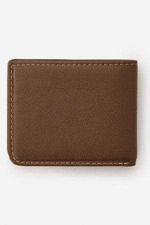 A closed brown Rip Curl Wetsuit Logo RFID All Day Wallet with visible edge stitching, placed on a plain white background.
