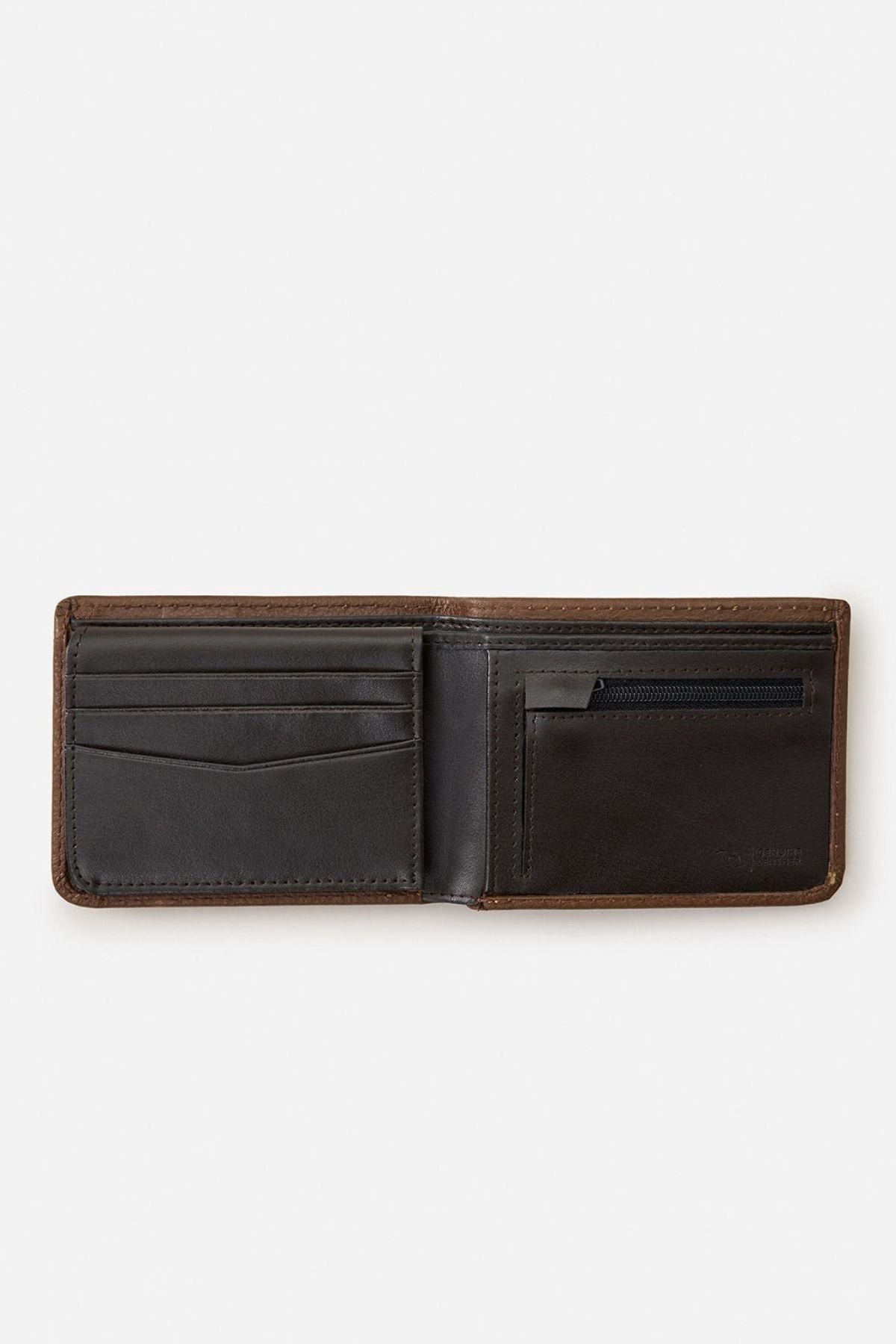 The Rip Curl Wetsuit Logo RFID All Day Wallet, shown open on a white background, features multiple left card slots and a right zippered pocket, combining stylish design with secure RFID protection for your essentials.