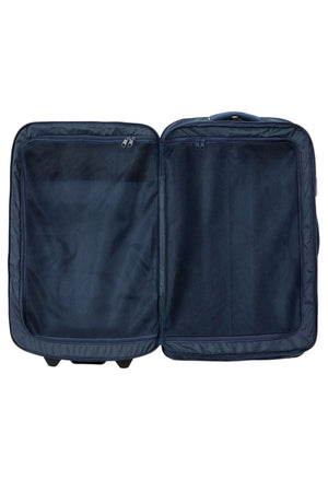 The Rip Curl F-Light Global 100L Sapphire Travel Bag, displayed against a plain white background, showcases two spacious compartments perfect for organizing essentials. Its inner mesh pockets and zippers are visible, while its rounded edges and durable wheels make it the ideal travel companion.