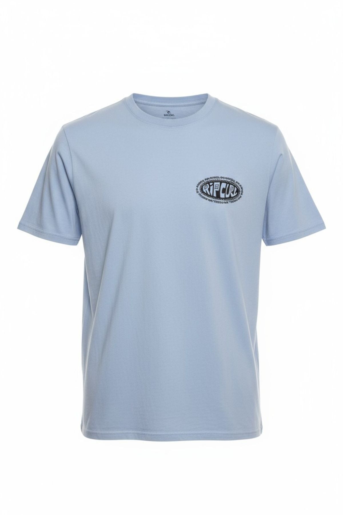 The Rip Curl Raw Energy De Oval Tee is a light blue, 100% cotton short-sleeve crew neck with a small black and white "RIP CURL" logo on the left chest, shown on a plain white background.