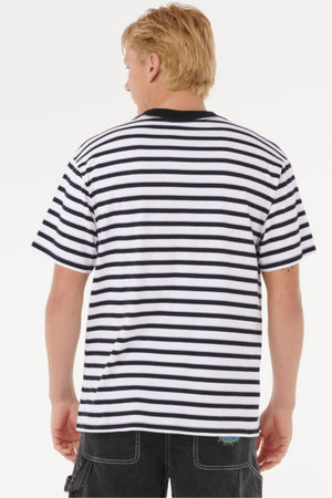 A person with short blond hair is shown from the back, wearing a Rip Curl Raw Energy Stripey Tee and black cargo shorts against a plain white background.