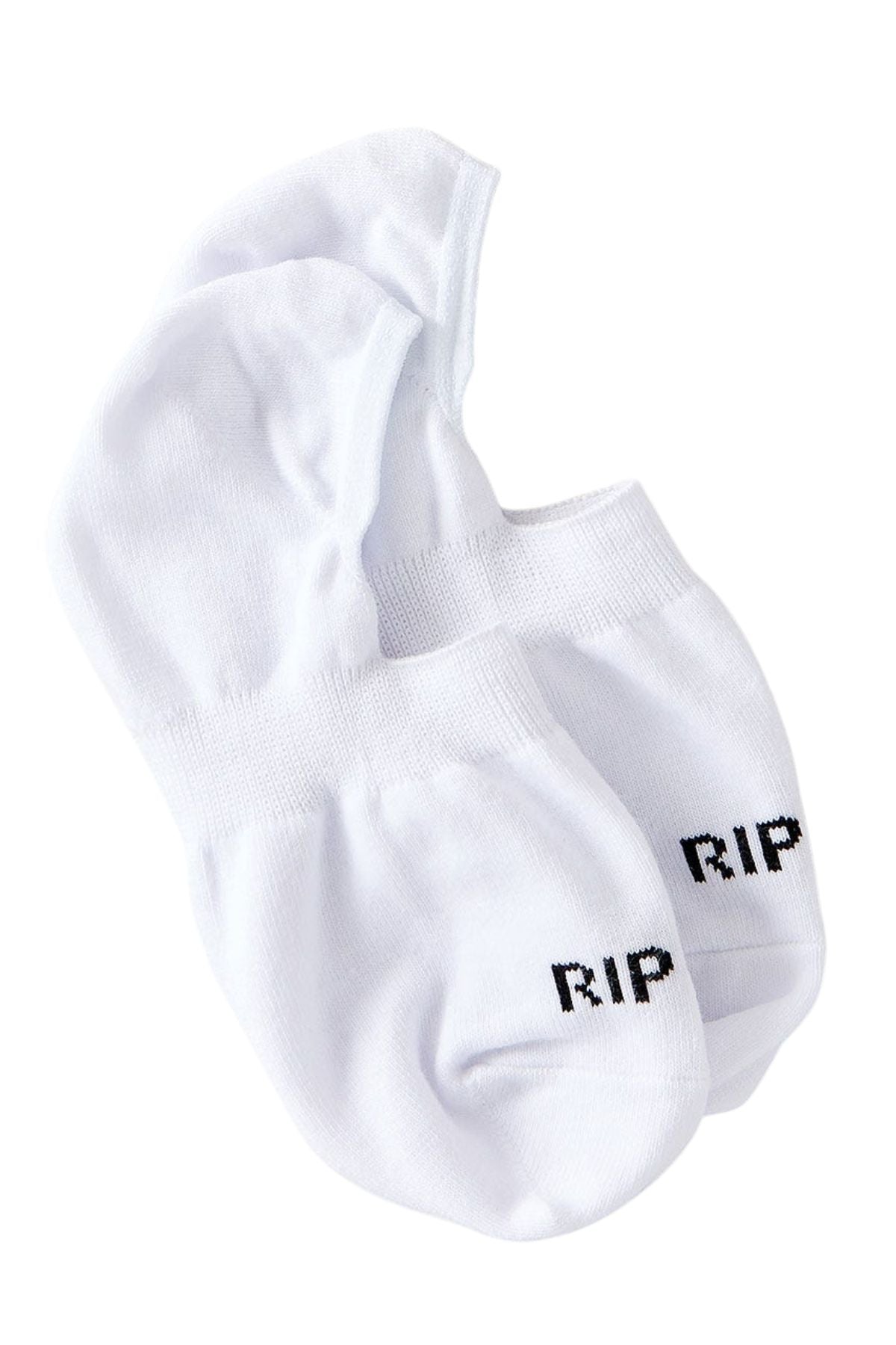 A pair of Rip Curl Womens Invisible Socks in white cotton, featuring "RIP" in black lettering near the toesβideal for fans of Rip Curl style.