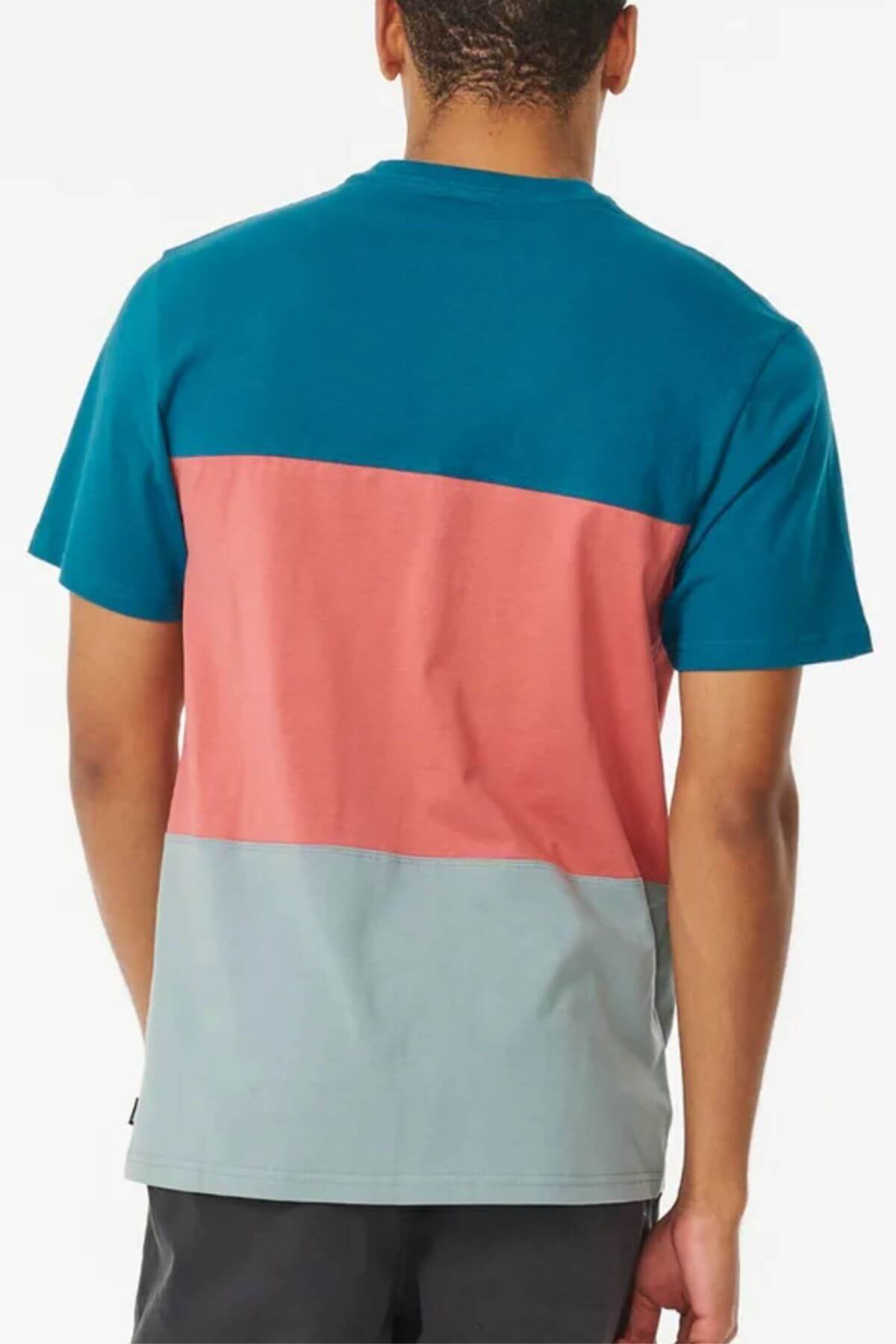 A person stands with their back to the camera, wearing the Rip Curl Divided Tee—a crew neck shirt with three horizontal color blocks: teal, pink, and light gray.