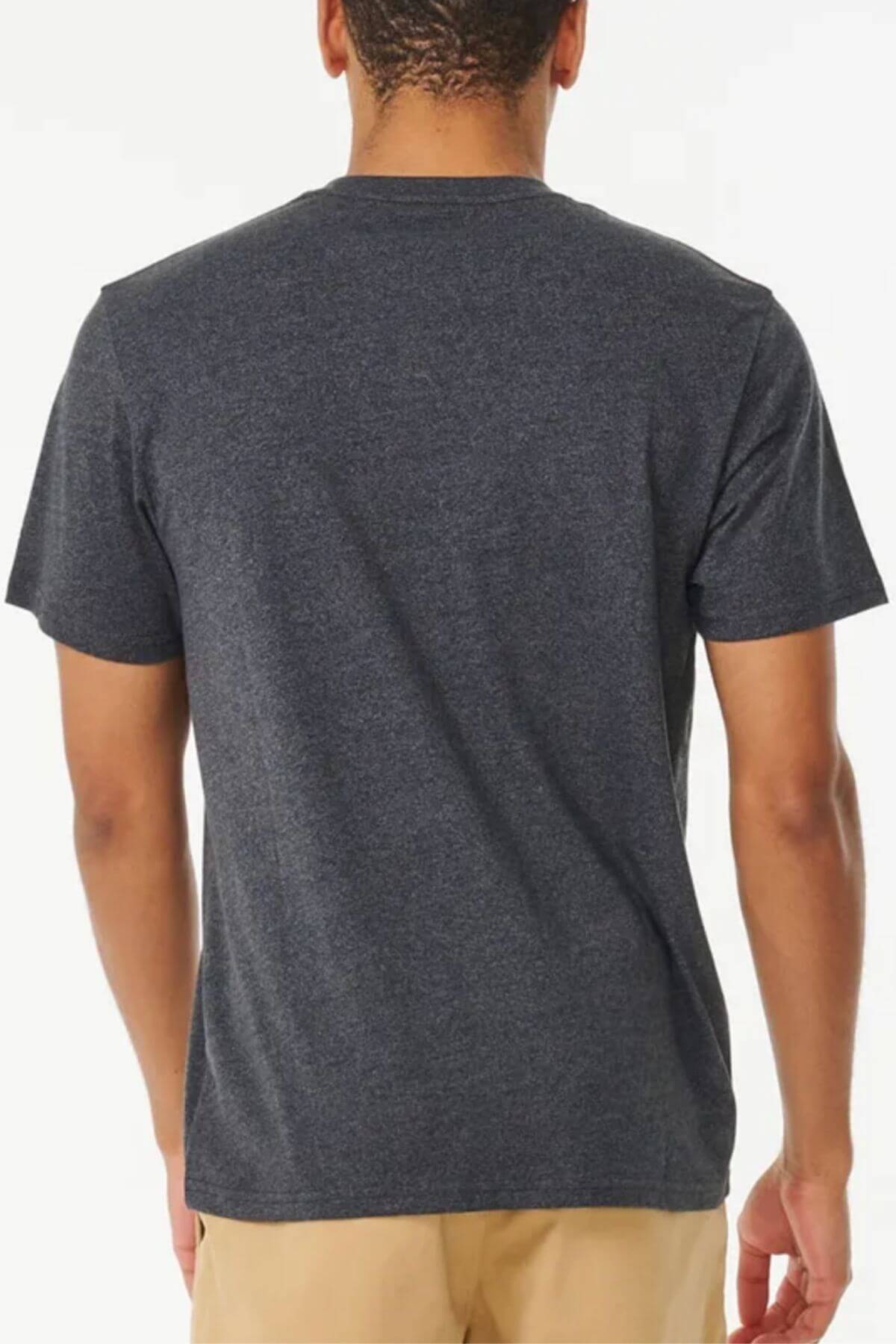 A person wearing the Rip Curl Too Easy Embroid Tee in dark gray with short sleeves and beige pants is shown from behind against a plain background. The shirt, made of 100% cotton, showcases a simple design that effortlessly combines comfort and style.