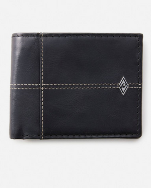 The Rip Curl Crossroads RFID 2 In 1 is a sleek black leather wallet featuring white stitched cross patterns, RFID protection, a geometric logo on the bottom right, and multiple card slots for organization. Its modern elegance and security stand out against a plain white background.