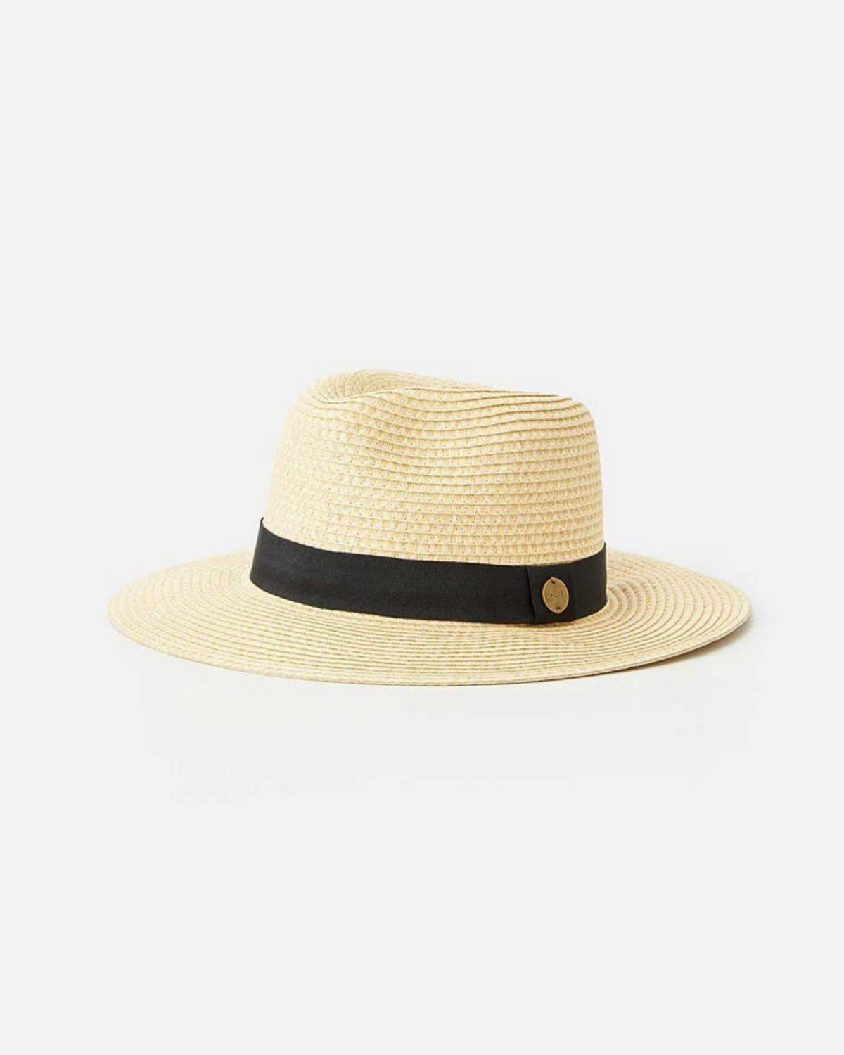 The Rip Curl Dakota Panama, a beige straw hat with a black band, crafted from paper yarn fabric, stands against a white background. Ideal for outdoor adventures.