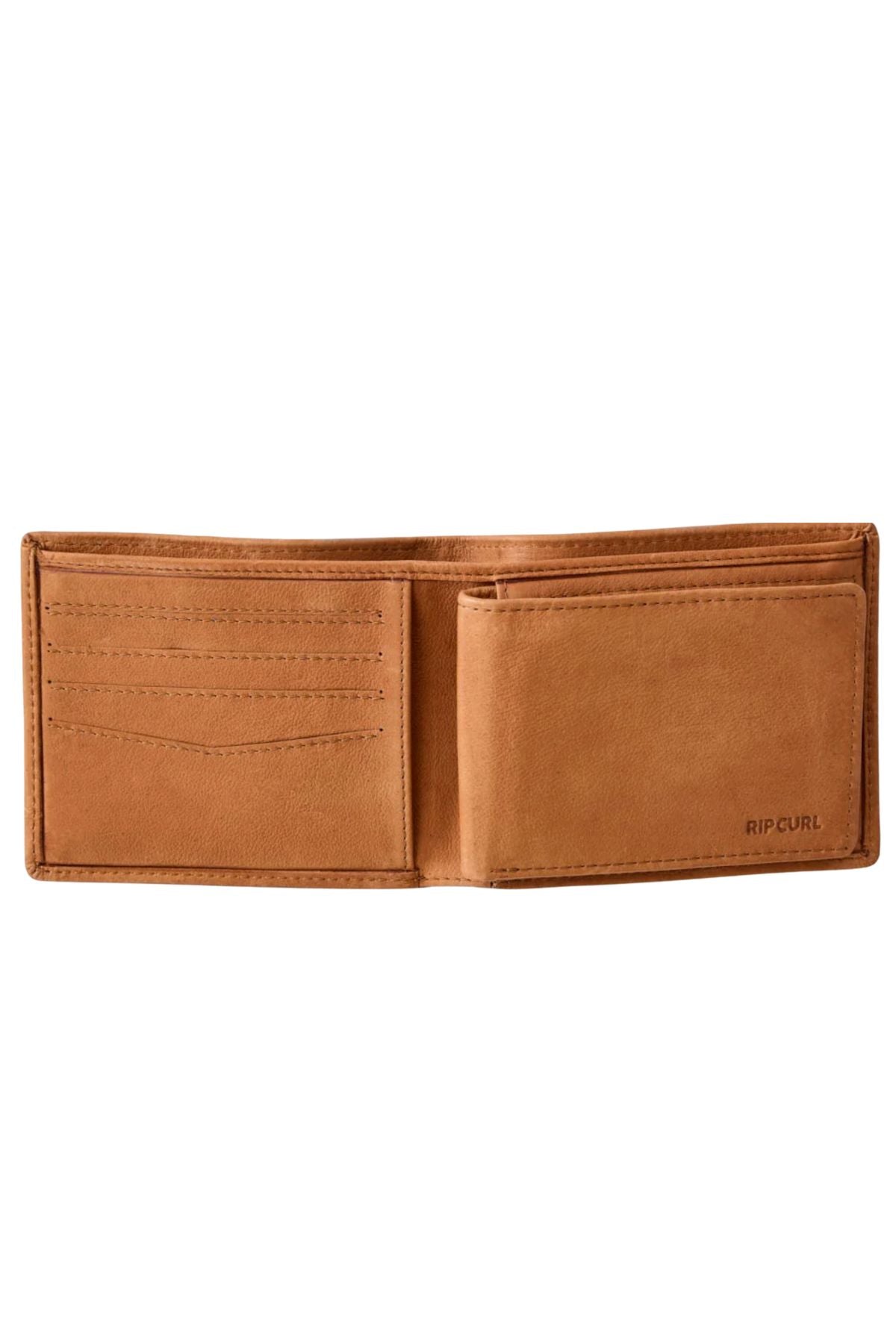 The Rip Curl K-Roo RFID 2 in 1 Wallet is a tan leather wallet with multiple left card slots and a right coin pocket, featuring "RIP CURL" embossed in the corner—ideal for anyone wanting a stylish, practical RFID wallet.