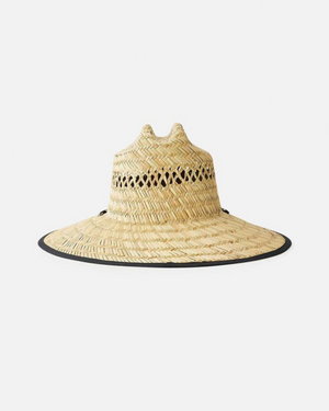 The Rip Curl Logo Straw Hat is a wide-brimmed hat with a woven pattern and black trim. It features two small top points, adding a playful touch to its classic style. Its textured design showcases craftsmanship, making it an ideal accessory for sunny days.