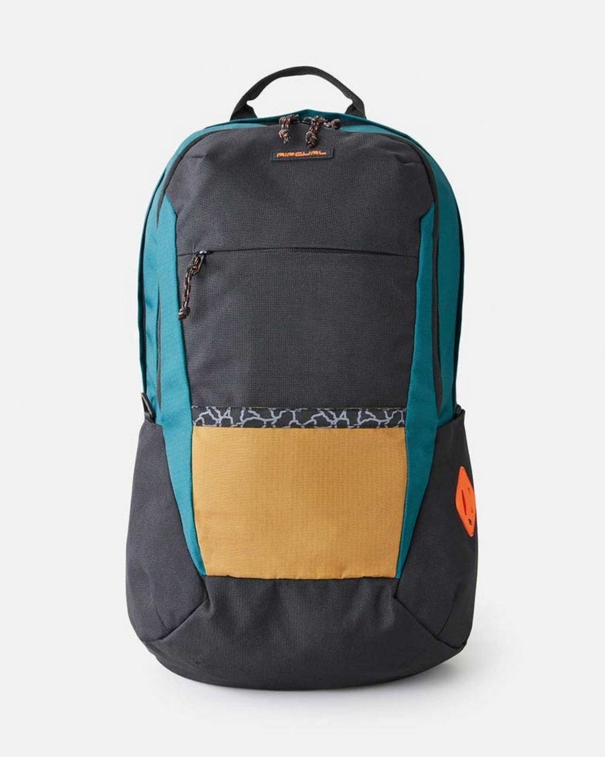 The Rip Curl Overtime 30L Journeys Backpack features eco-friendly materials, teal sides, a mustard yellow front pocket, dark gray panels and bottom, a patterned strip above the pocket, and an orange logo patch on the lower right.