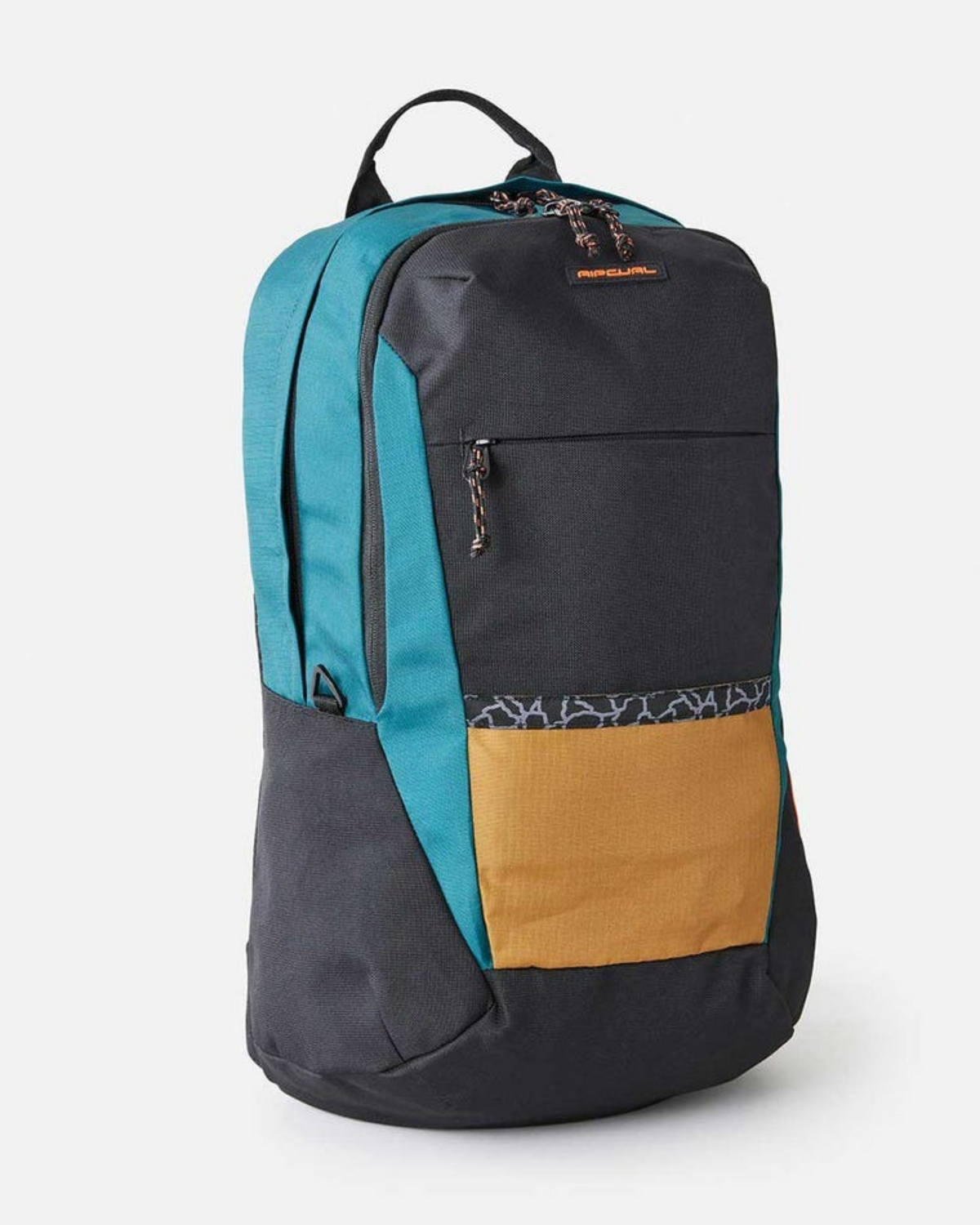 The Rip Curl Overtime 30L Journeys Backpack features teal sides, a black front and back, a mustard yellow front pocket, black zippers and top handle. Eco-friendly and modern, it offers ample space for daily essentials. Displayed on a plain white background.