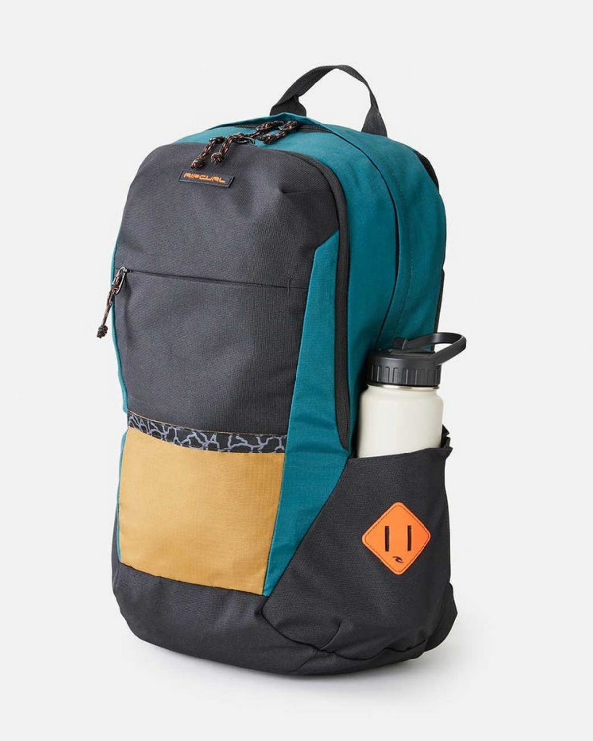 The Rip Curl Overtime 30L Journeys Backpack in teal and black features a tan front pocket, orange patch, and a water bottle in the side pocket, displayed against a white background.