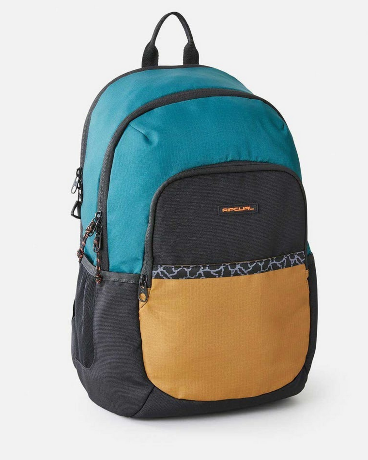The Rip Curl Ozone 30L Journeys Backpack features teal, black, and tan sections with a stylish small black logo patch on the front pocket. Made from recycled polyester, it includes side mesh pockets and dark patterned trim. With a top handle and dual zippers, it's ideal for everyday use.