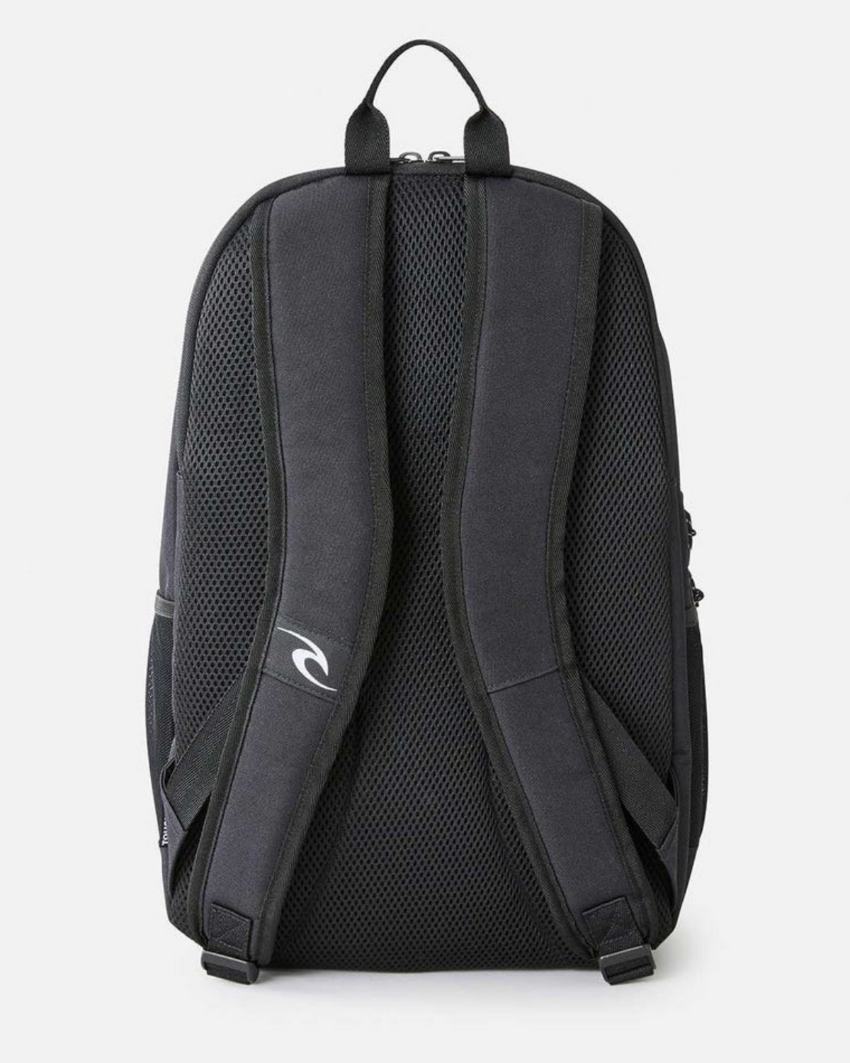 The Rip Curl Ozone 30L School Backpack features a back view with mesh-covered shoulder straps, a small top handle, and a subtle white logo on the left strap. Made from recycled polyester, it has a textured back panel for comfort, set against a plain white background.
