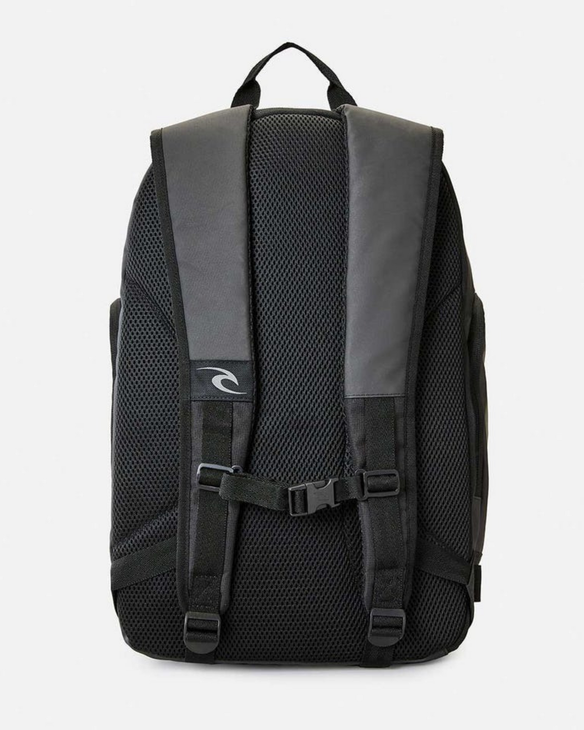 The Rip Curl Posse 33L Backpack, shown in black and gray, features padded shoulder straps, a top handle, adjustable chest strap, mesh ventilation panels, and an insulated drink pocket.