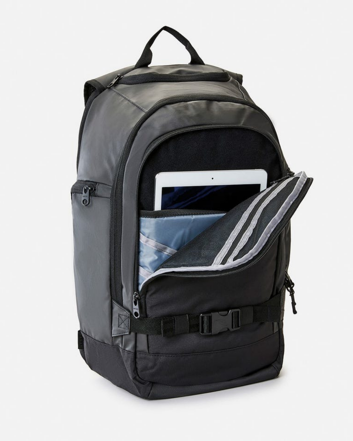 The Rip Curl Posse 33L Backpack in black and gray is made with recycled polyester, offers multiple compartments, a top handle, an insulated drink pocket, a front pocket for tablets, and an inner sleeve.