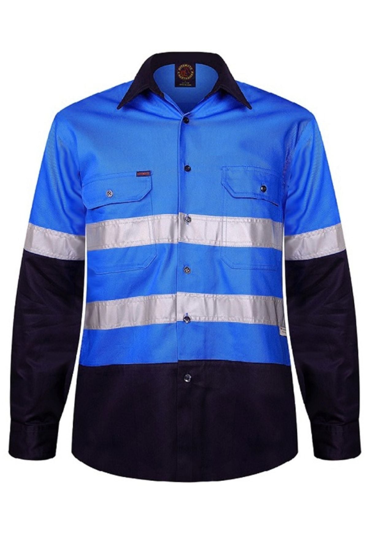 The Ritemate Hi Vis Open Front Long Sleeve 3M Tape Shirt has a blue upper, reflective 3M stripes on chest and arms, two chest pockets, and dark navy lower sleeves and hem. UPF 50+ protection ensures enhanced safety for outdoor work.
