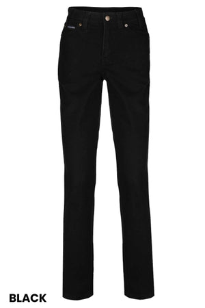 The Ritemate Ladies Pilbara Cotton Stretch Jean features a straight leg cut. These fashionable jeans employ a classic five-pocket design and include a zip fly with a button closure. The color "BLACK" is prominently displayed in all caps at the bottom left corner of the image.