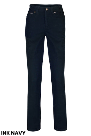 A pair of dark blue Ritemate Ladies Pilbara Cotton Stretch Jeans are displayed against a white background. They feature a classic straight-leg design with a button and zipper closure. Decorative stitching and pockets are visible, embodying both style and comfort. The text "INK NAVY" is at the bottom left corner.