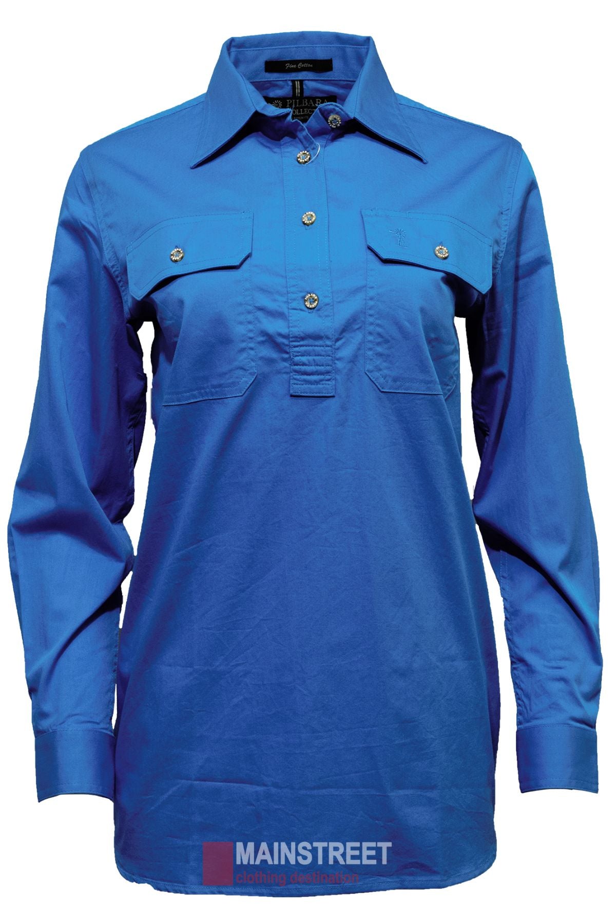 The Pilbara Ladies Long Sleeve Closed Front Shirt is a lightweight, royal blue button-up with white buttons, two front pockets, a classic collar, and UPF 50+ protection—combining stylishness and functionality for the workplace.
