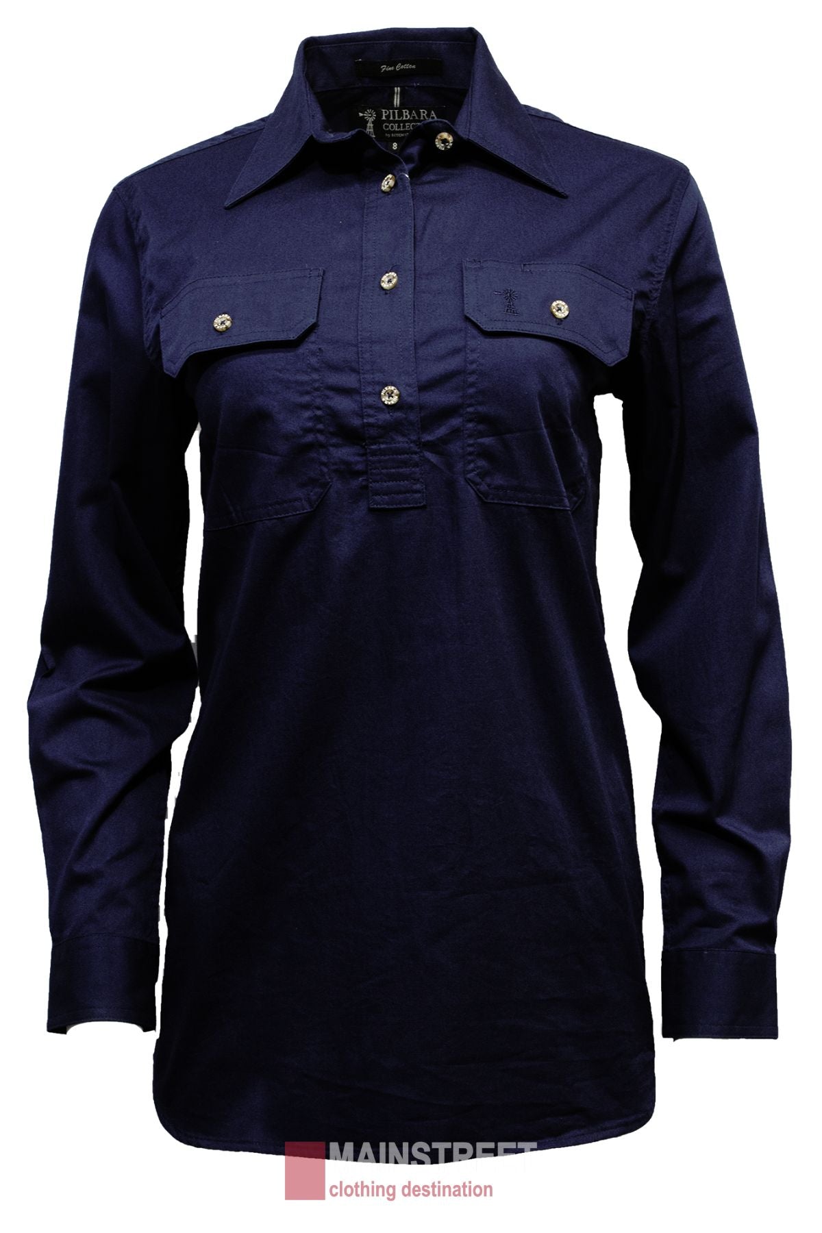 The Pilbara Ladies Long Sleeve Closed Front Shirt is a dark navy work shirt featuring a collar, two chest pockets, and three front buttons. Made from 100% cotton, it boasts a UPF rating of 50+ for sun protection and is displayed on a plain white background.