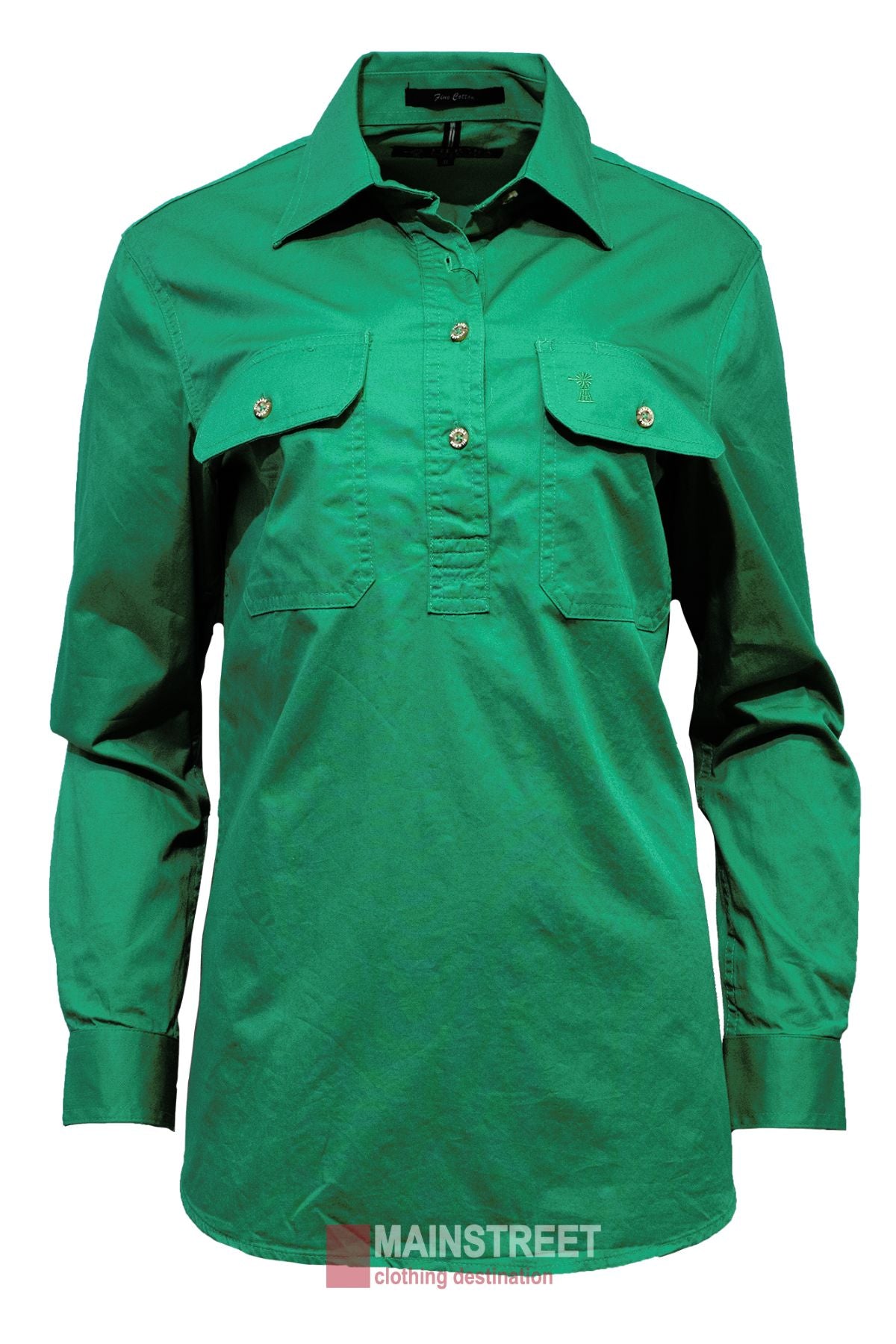 The Pilbara Ladies Long Sleeve Closed Front Shirt is a green, 100% cotton, long-sleeve work shirt featuring a collar and two button-closure chest pockets. It offers UPF 50+ protection.