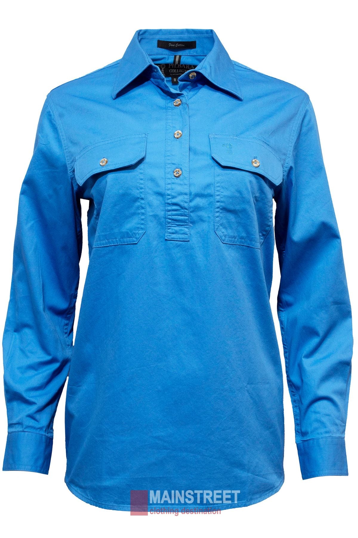The Pilbara Ladies Long Sleeve Closed Front Shirt is a bright blue women's work shirt with a collar, 100% cotton fabric, UPF 50+ sun protection, and features two buttoned chest pockets and top buttons for closure.