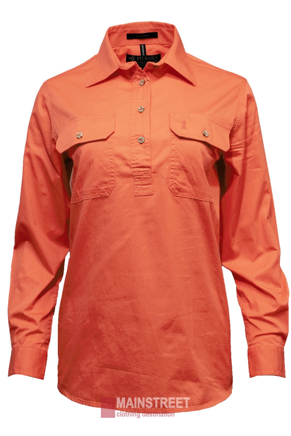 Pilbara Ladies Long Sleeve Closed Front Shirt: orange, button-up, with UPF 50+, two chest pockets, and a collar. Displayed on white background with "MAINSTREET clothing destination" logo at the bottom.