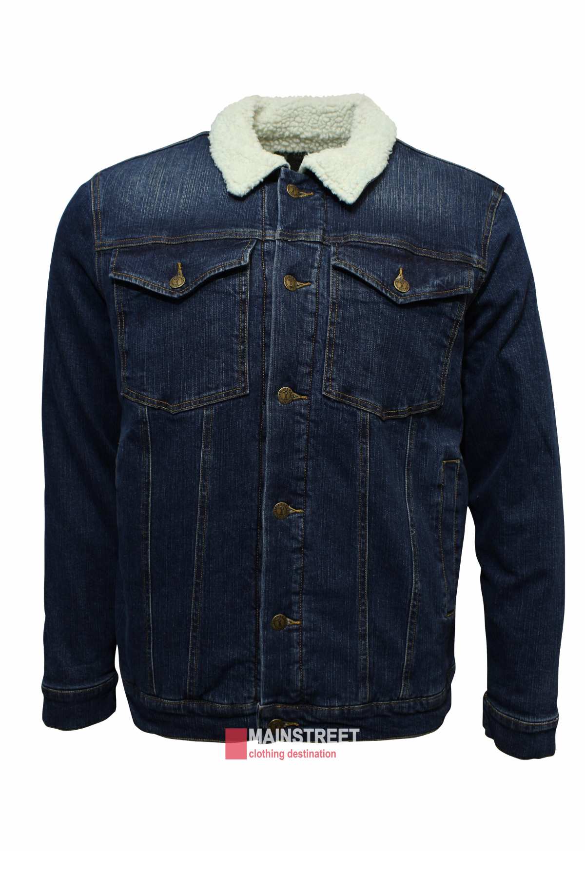 The Pilbara Canvas Sherpa Lined Jacket in dark blue features a white sherpa collar, button-down front, two chest flap pockets with buttons, and two side pockets—perfect for outdoor adventures. Shown on a plain white background.