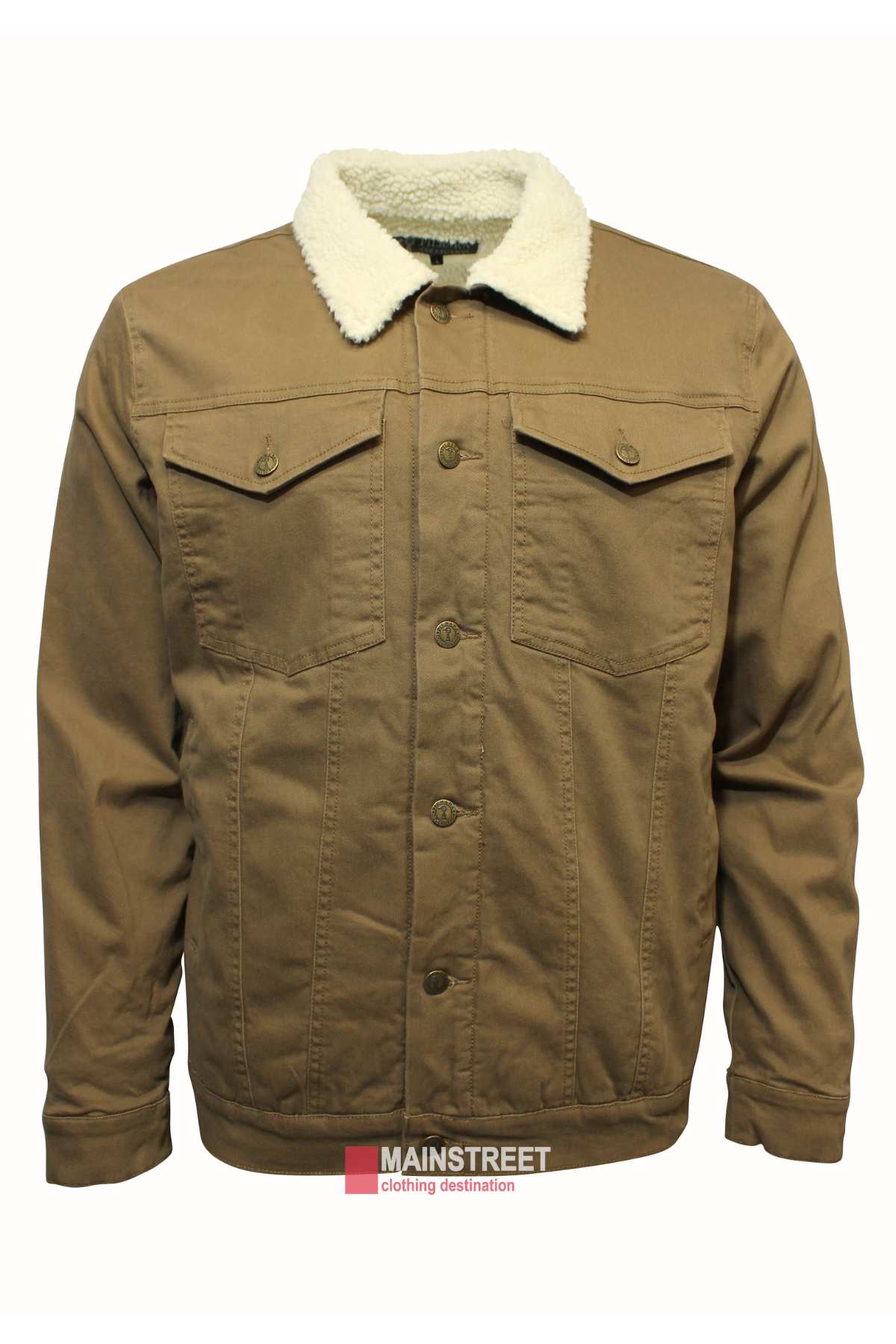 A tan canvas Ritemate Pilbara jacket with a cozy Sherpa collar features button closures down the front, two buttoned chest pockets, and a "Mainstreet" label at the bottom, adding authenticity to this stylish design.