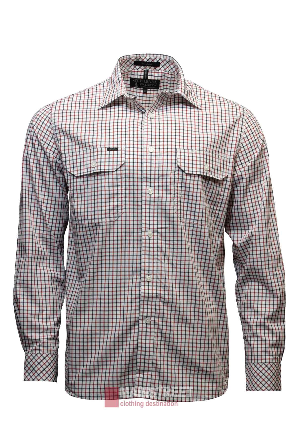 Introducing the Ritemate Pilbara Check Double Pocket Shirt, made from 100% cotton. This long-sleeve button-up boasts a red, blue, and white checkered pattern and features two chest pockets with buttoned flaps for classic functionality.