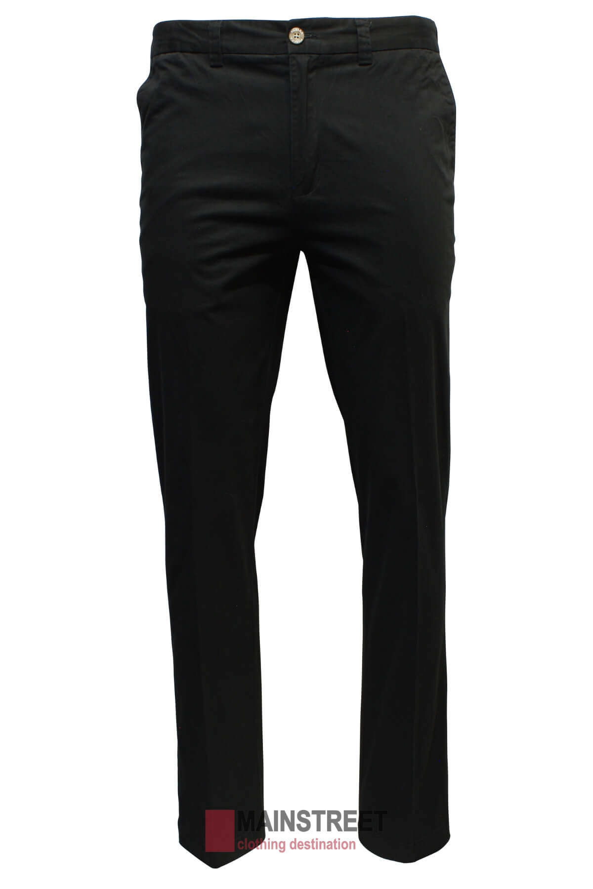 The Pilbara Chino Pant, featuring a flexi waist design and button closure, is showcased on a white background. The "Mainstreet Clothing Destination" logo at the bottom emphasizes their dedication to style and comfort.